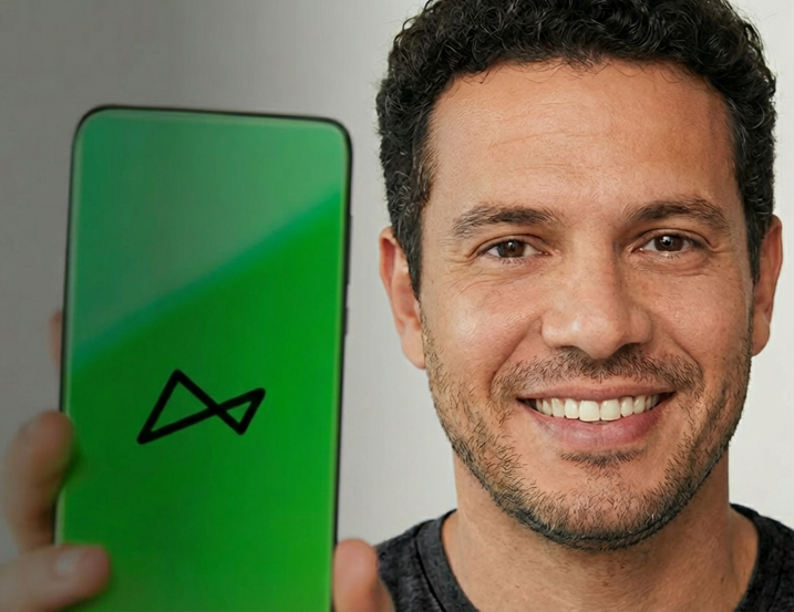 Uma mulher de cabelos escuros na altura do pescoço sorri enquanto olha para o seu smartphone. Ela está do lado de fora de casa usando um vestido preto com detalhes brancos.